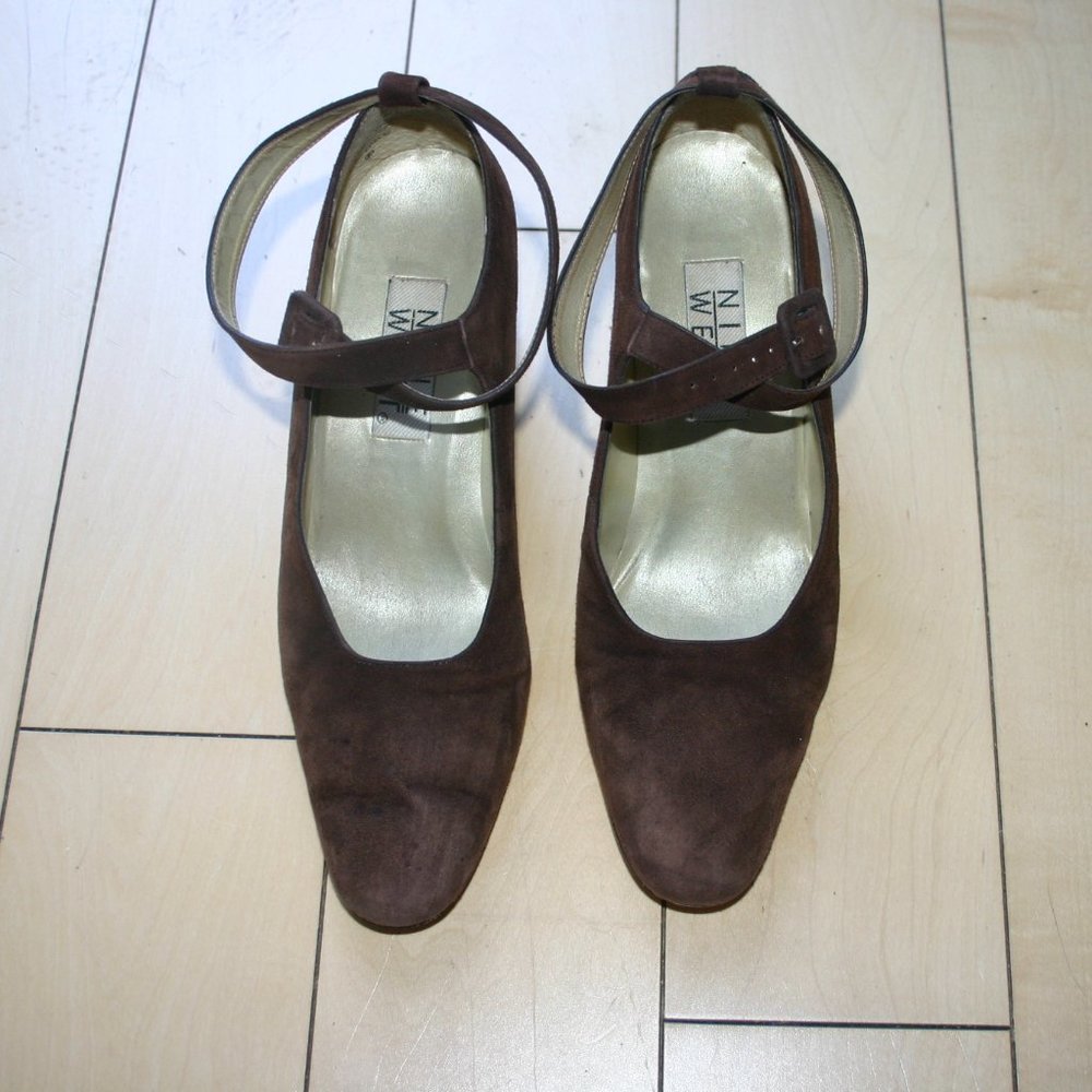 NINE WEST Brown Suede 8B Ankle Strap All Leather Upper Tapered Block Heel